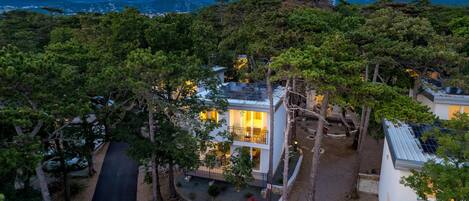 A modern house with a balcony, surrounded by trees and a mountain view.