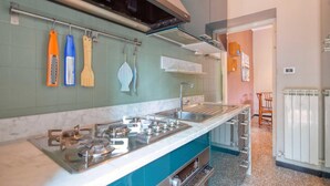 Une cuisine équipée d’une cuisinière en acier inoxydable, d’un évier et d’ustensiles de cuisine suspendus.
