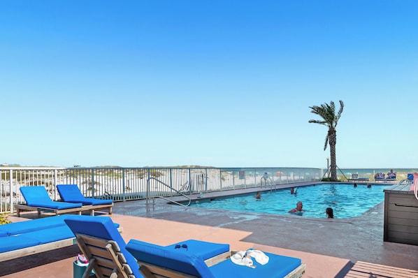 Relax by the pool surrounded by lounge chairs and a palm tree, with access to the adjacent beach.