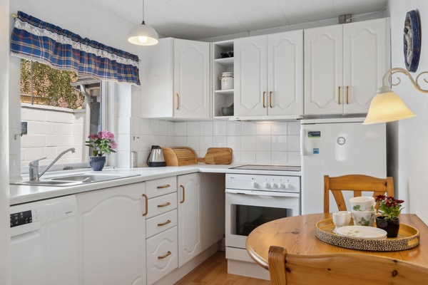 Fridge, stovetop, dishwasher, coffee/tea maker