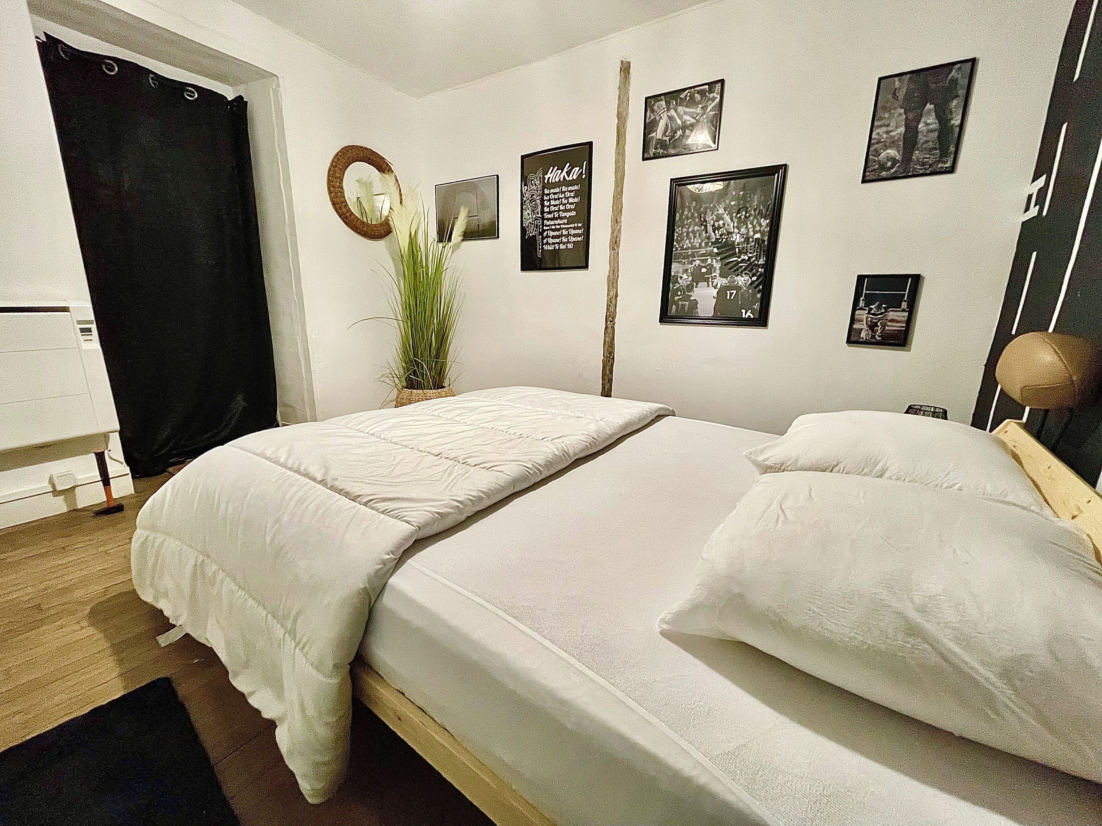 Een slaapkamer met een bed, een kamerplant en verschillende afbeeldingen in lijsten aan de muur.