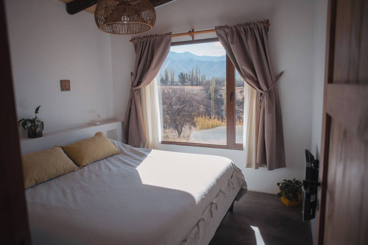 Ein Schlafzimmer mit einem großen Bett, einem Fenster mit Vorhängen, einer Zimmerpflanze und einem an der Wand befestigten Fernseher.