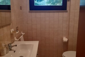 Een badkamer met wastafel, spiegel, raam en toilet.