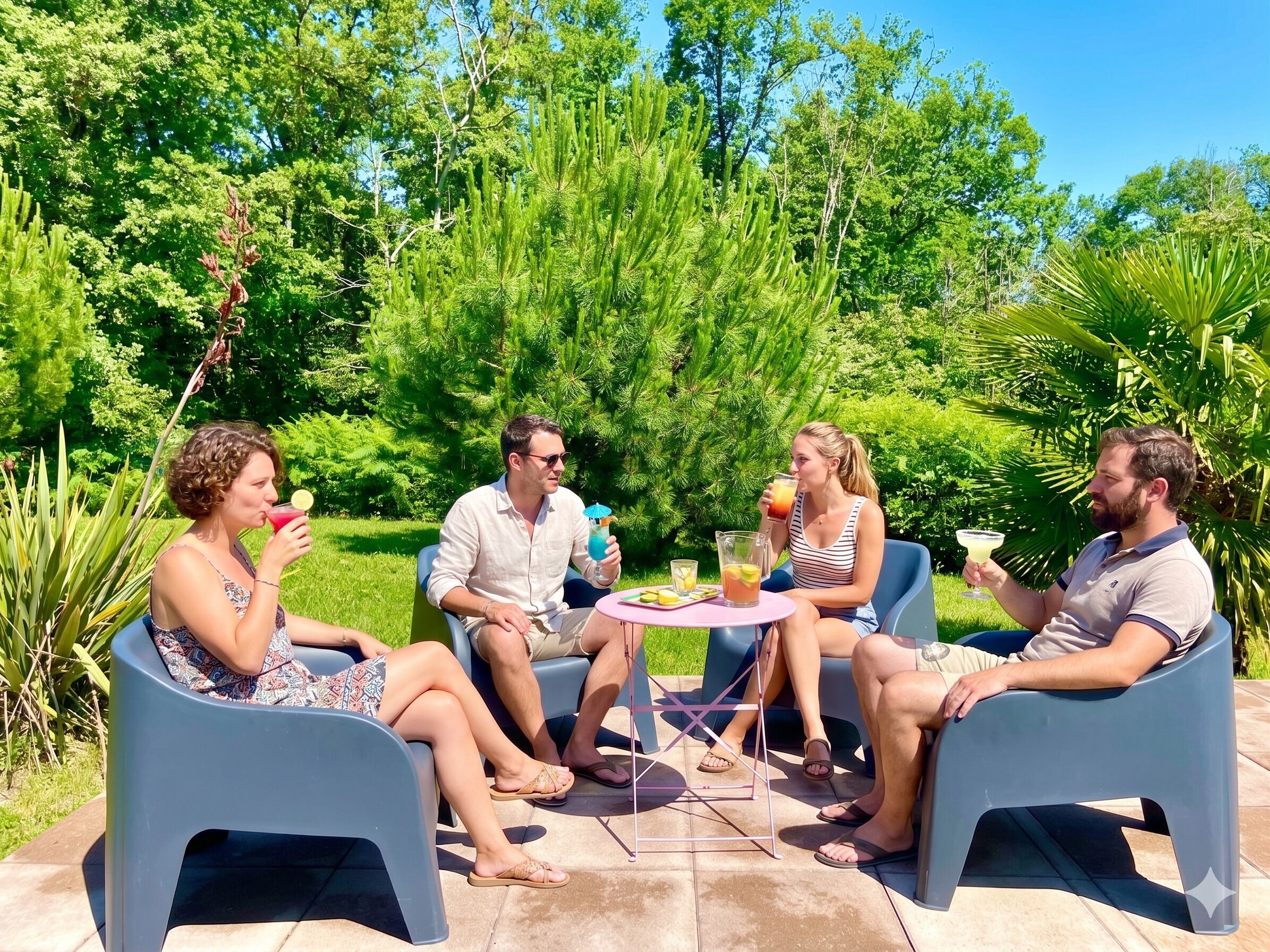 Vier personen zitten aan een buitentafel met drankjes, omringd door groen.