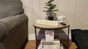 Een kamer met een grijze bank, een klein houten tafeltje met een 'THANKFUL'-bord, een potplant en een spellenkist.