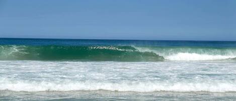 A beach with waves and clear skies.