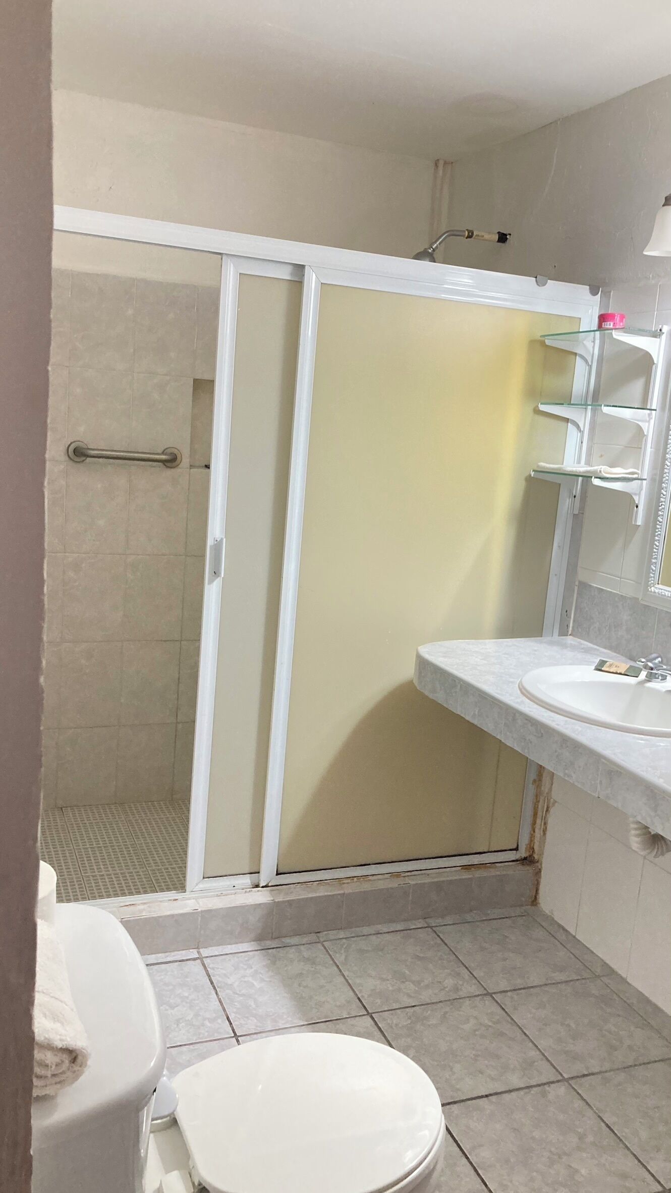 Een badkamer met douchecabine, toilet en wastafel.