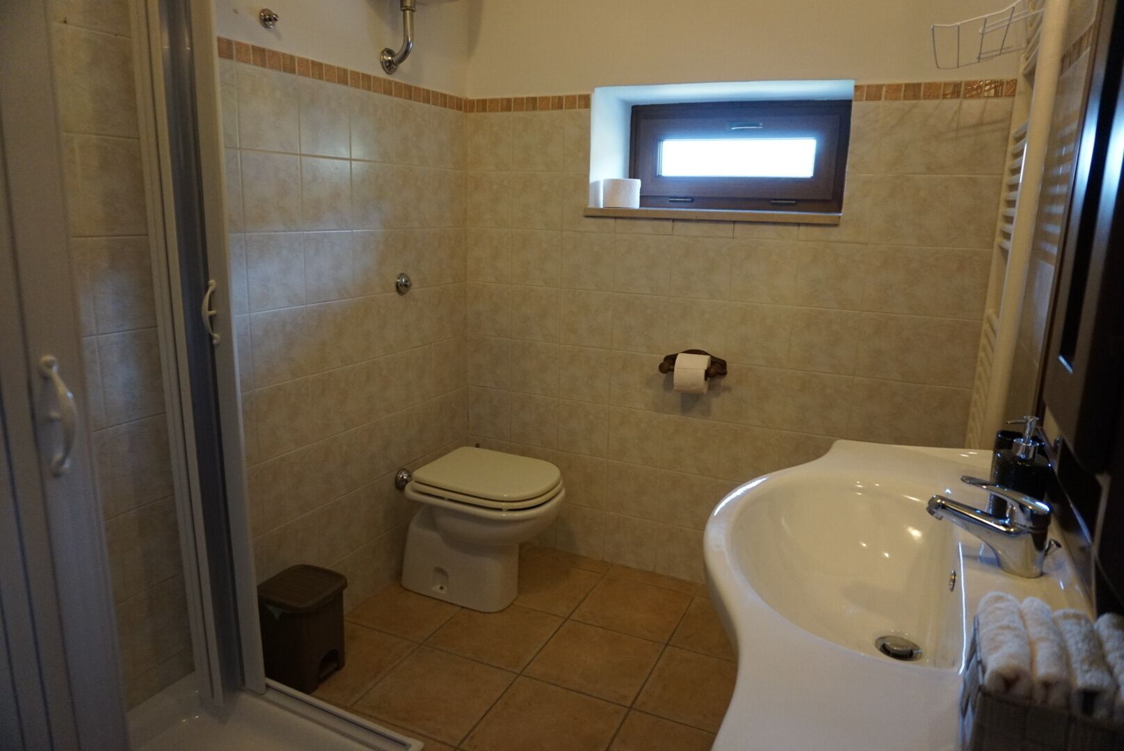 Une salle de bain avec des toilettes, une douche et un lavabo.