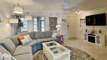Condo, Multiple Beds, Patio, Pool View | Living area | Flat-screen TV, fireplace
