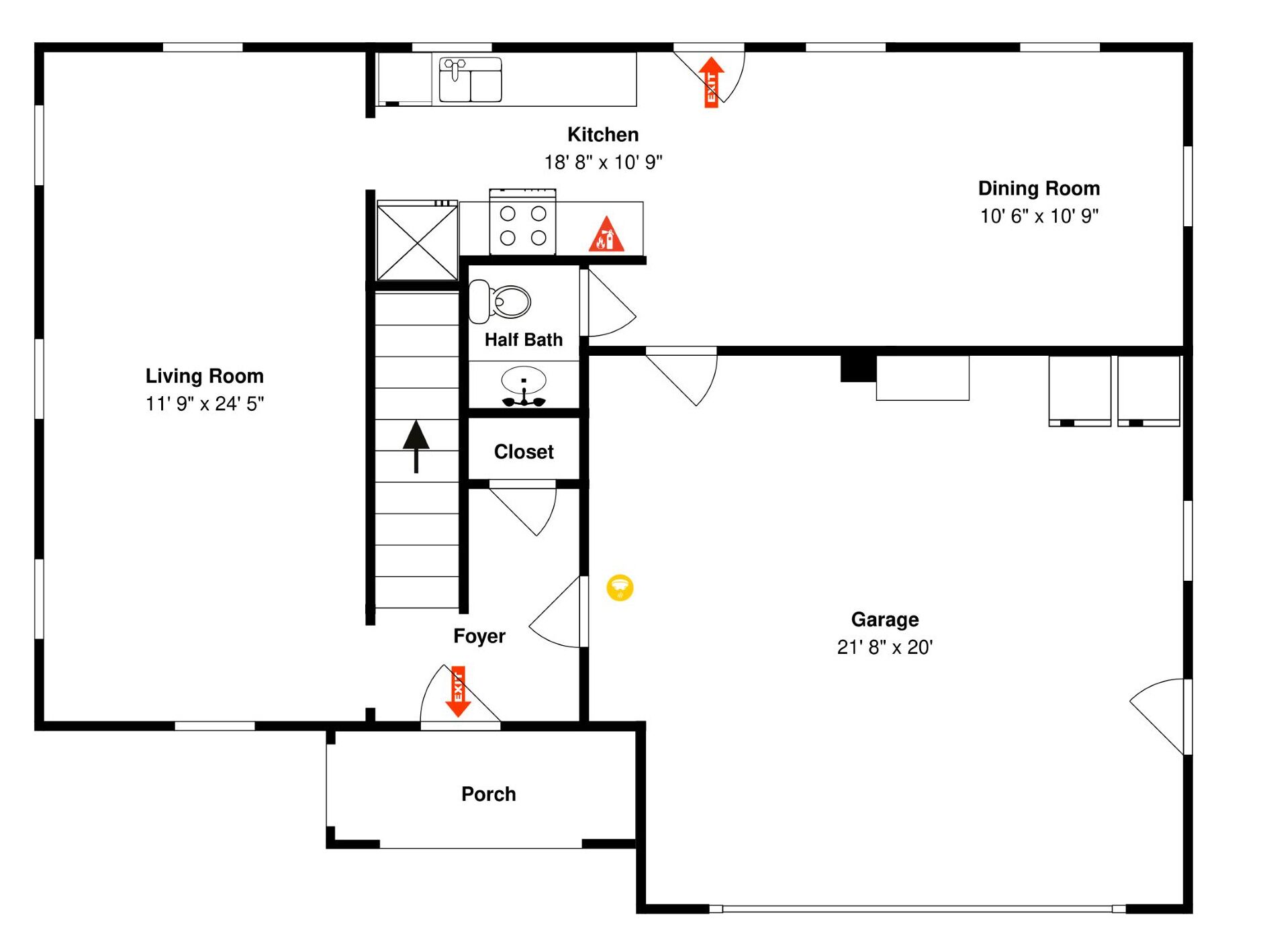 A floor plan of a house with a living room, kitchen, dining room, garage, and foyer.
