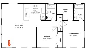 A floor plan of a house with a kitchen, living room, two bedrooms, a bathroom, and a walk-in closet. - Shore Haven Unit 5A by Distinctive Beach Rentals (Indian Shores)