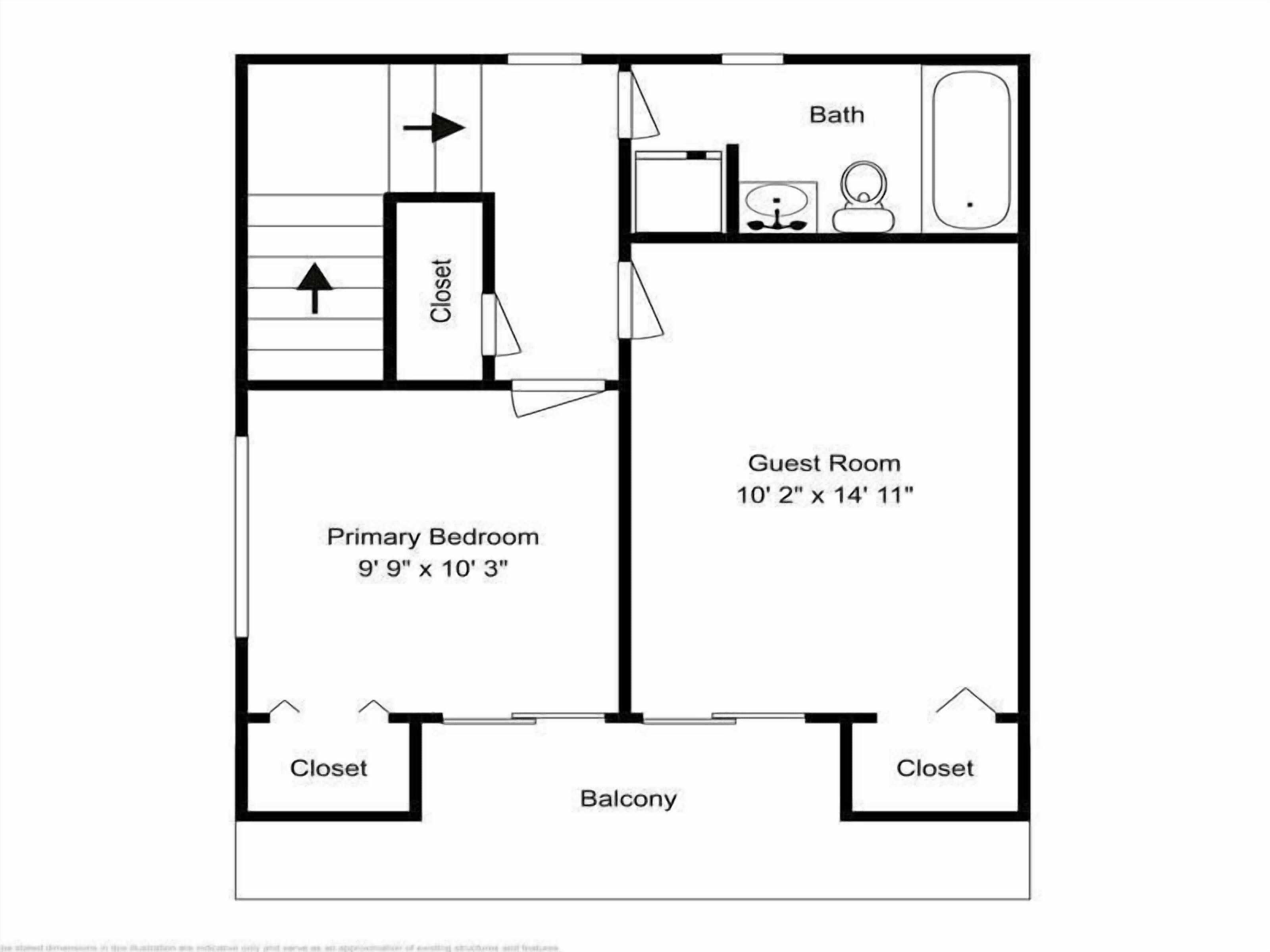 A floor plan with a primary bedroom, guest room, and balcony.