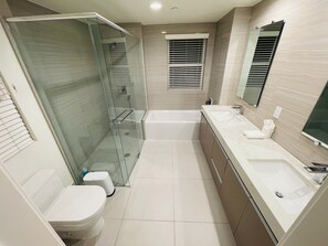 Hair dryer, bidet, towels, soap
