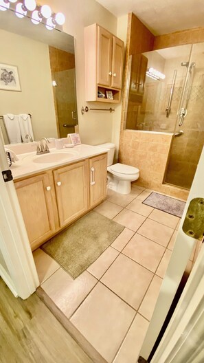 Shower, hair dryer, towels