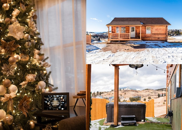 A cozy cabin with a wooden exterior, a porch, and a view of a snowy landscape.