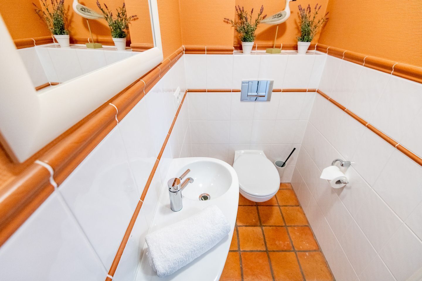 Een kleine badkamer met een witte wastafel, toilet en spiegel.