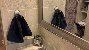 Shower, hair dryer, towels, toilet paper