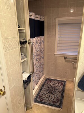 Shower, hair dryer, towels, toilet paper