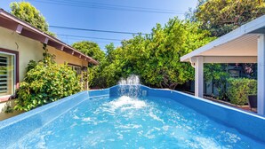 Una piscina con una fuente en el centro, rodeada de abundante vegetación y una zona cubierta en un lateral.