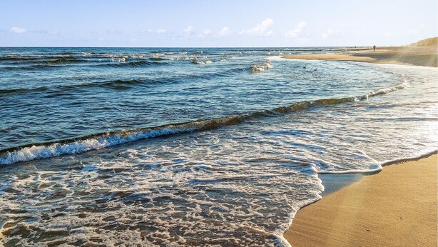 A beach with waves gently lapping onto the shore, a clear sky, and a distant pier.