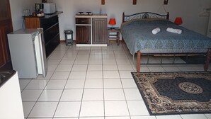 Ein Schlafzimmer mit einem Bett, einer kleinen Küchenzeile, einem Kühlschrank und einer Mülltonne.