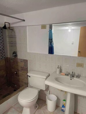 A bathroom with a toilet, sink, and shower. - Don Julio’s getaway home.<br>A nice place to relax next to mother’s nature <br> (luquillo)