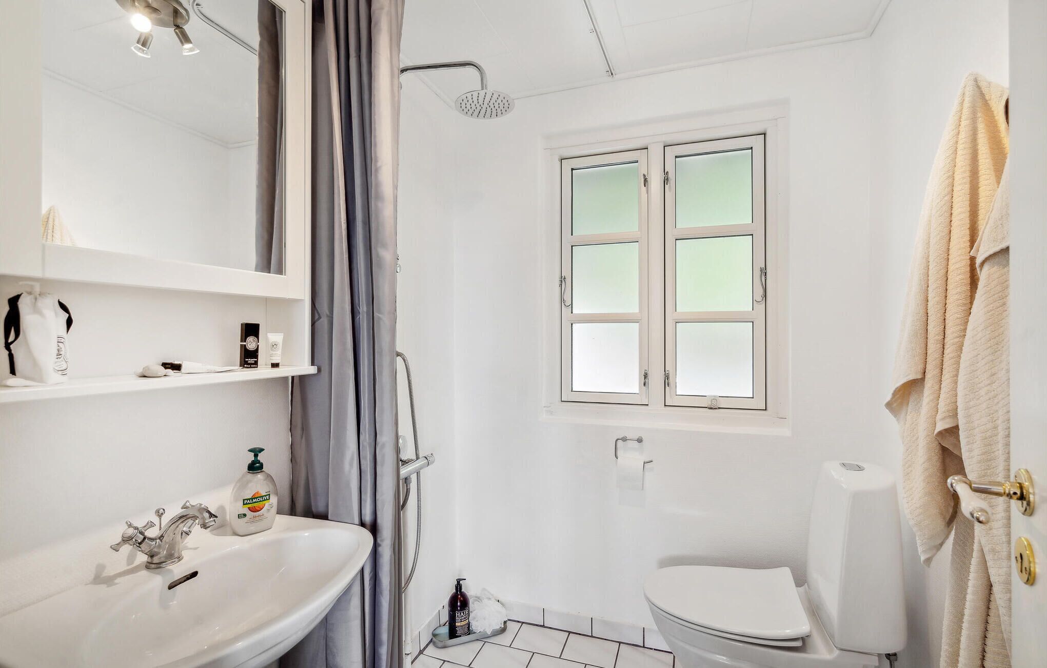 A bathroom with a white sink, a mirror, a shower, a toilet, and a window.