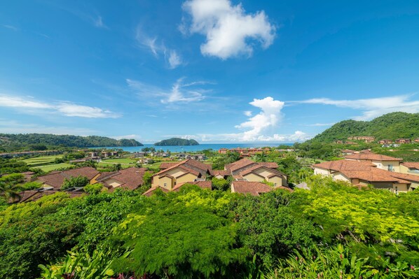 A residential area with houses, lush greenery, and a clear blue sky.