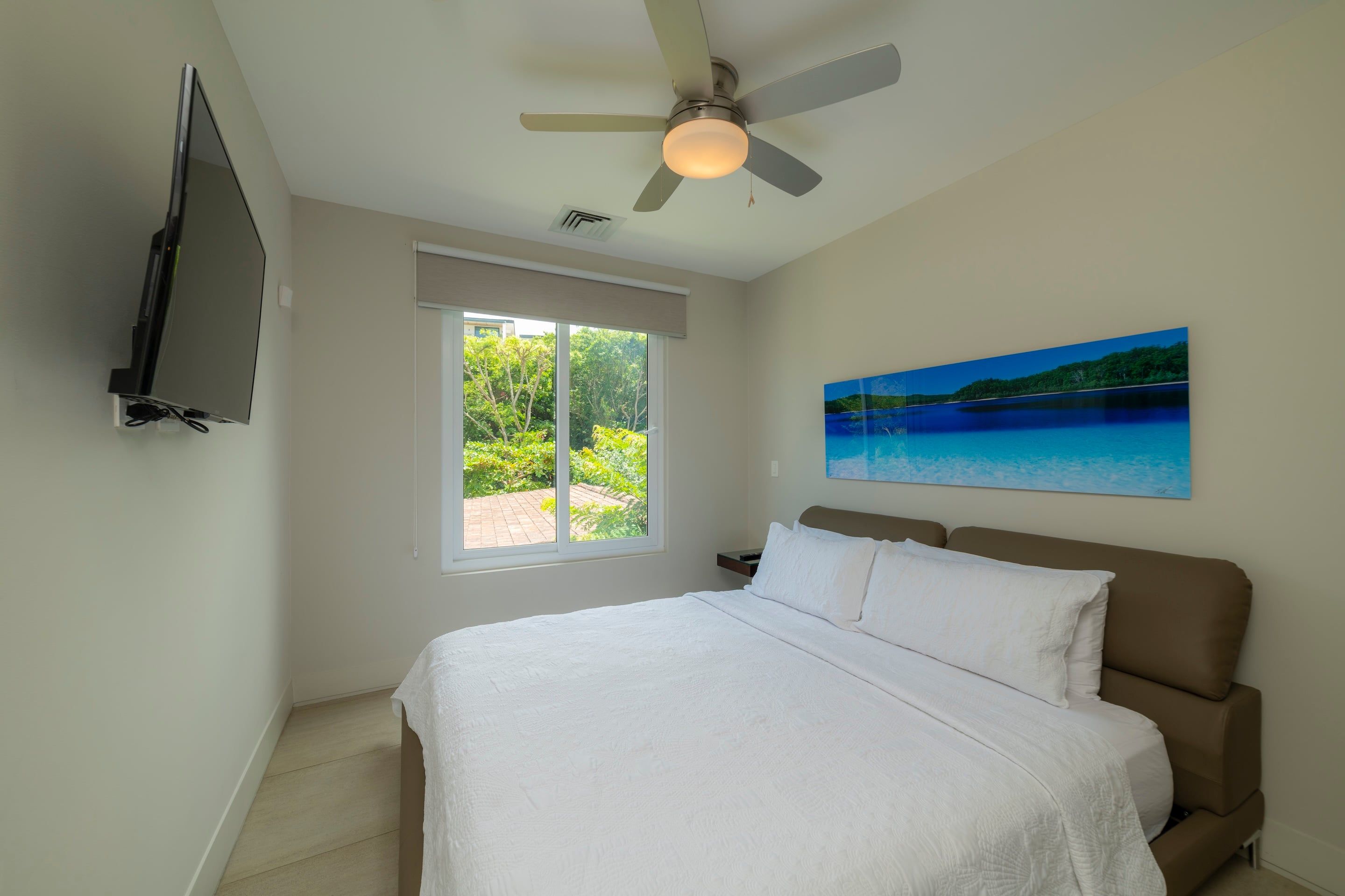 A bedroom with a bed, a ceiling fan, a TV mounted on the wall, a window with a view of greenery, and a painting on the wall.
