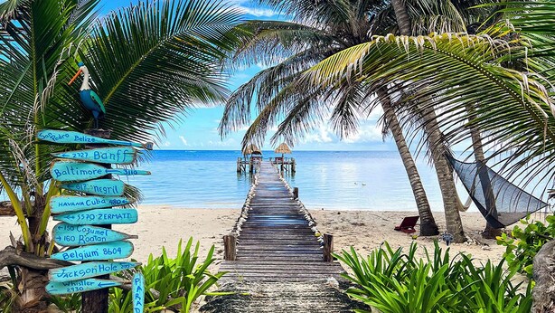 A wooden pier leading to a beach with palm trees and a signpost with destination names. - Playa Sonrisa Hotel (Xcalak)
