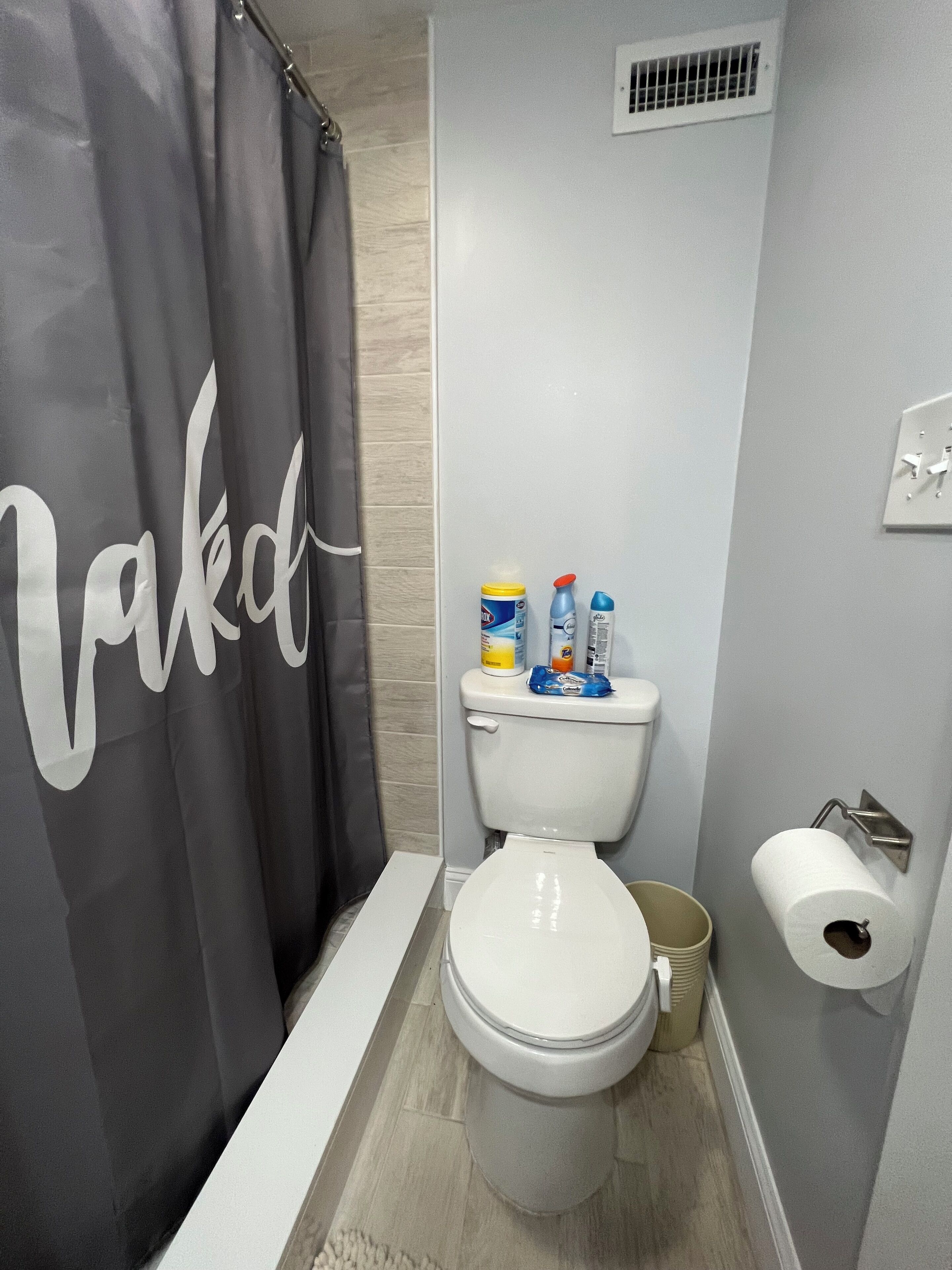 Shower, hair dryer, towels, toilet paper