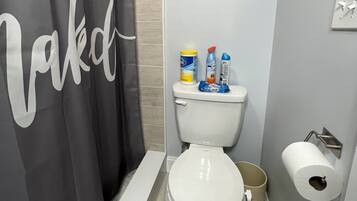 Shower, hair dryer, towels, toilet paper