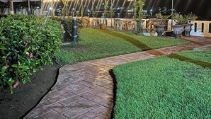 Un espacio exterior bien iluminado con un sendero pavimentado, plantas en macetas y una zona de estar cubierta con luces colgantes.