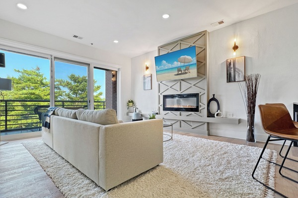 Smart TV, fireplace, books