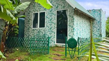 Une maison avec une façade recouverte de carreaux, une grande fenêtre et un portail en métal vert.