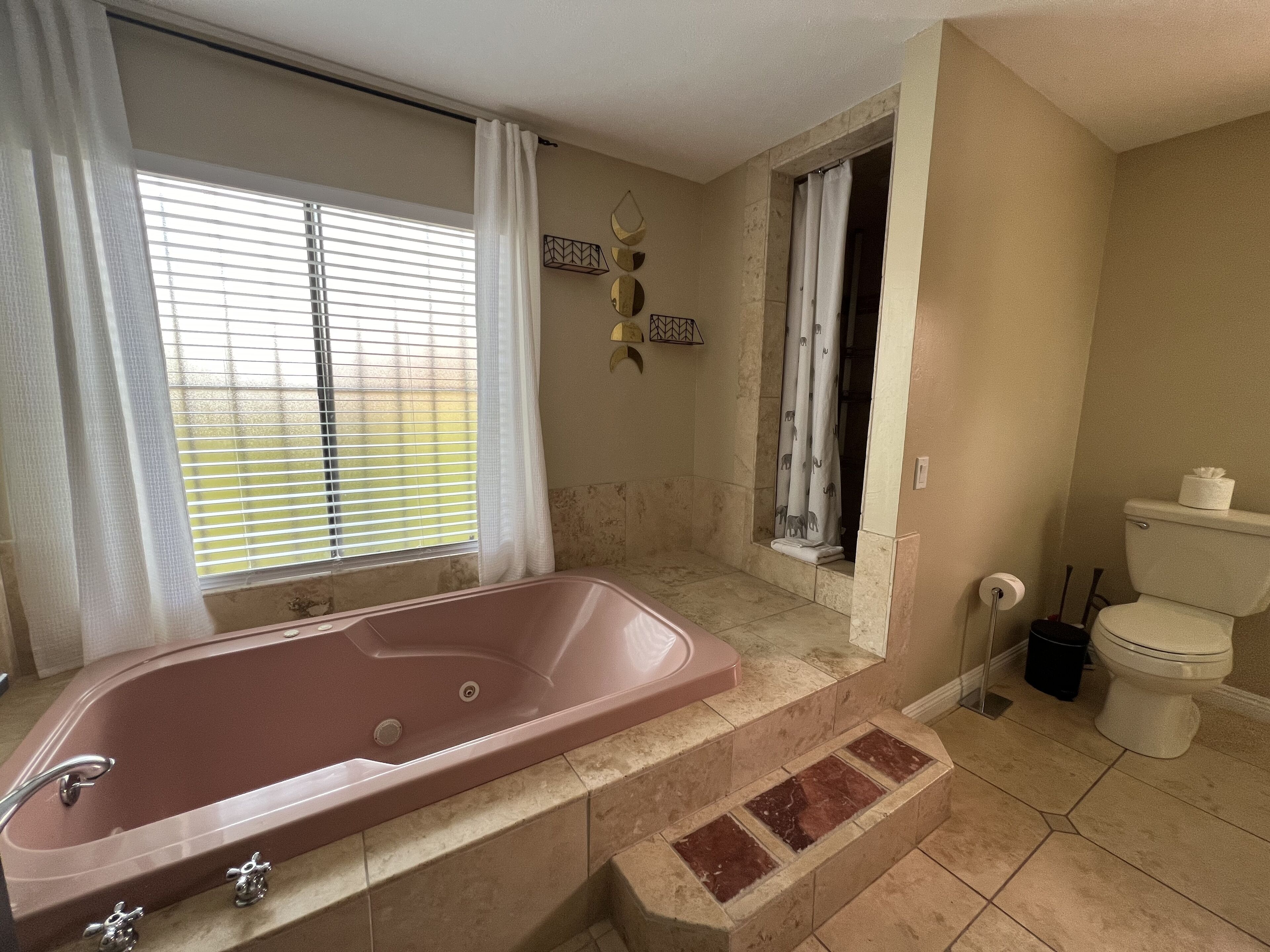Jetted tub, hair dryer, towels, soap