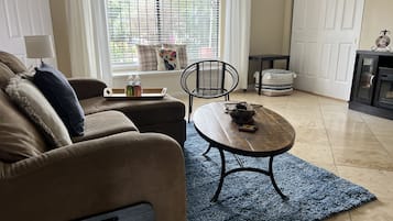 Smart TV, fireplace, books