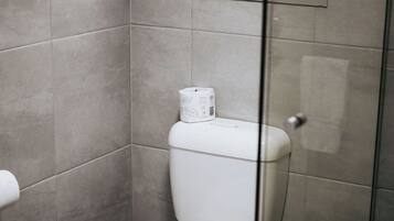 A modern bathroom with a toilet, a toilet paper holder, and a glass shower enclosure.