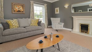 Un salon avec un canapé gris, des coussins à motifs, une table basse en bois et une cheminée.