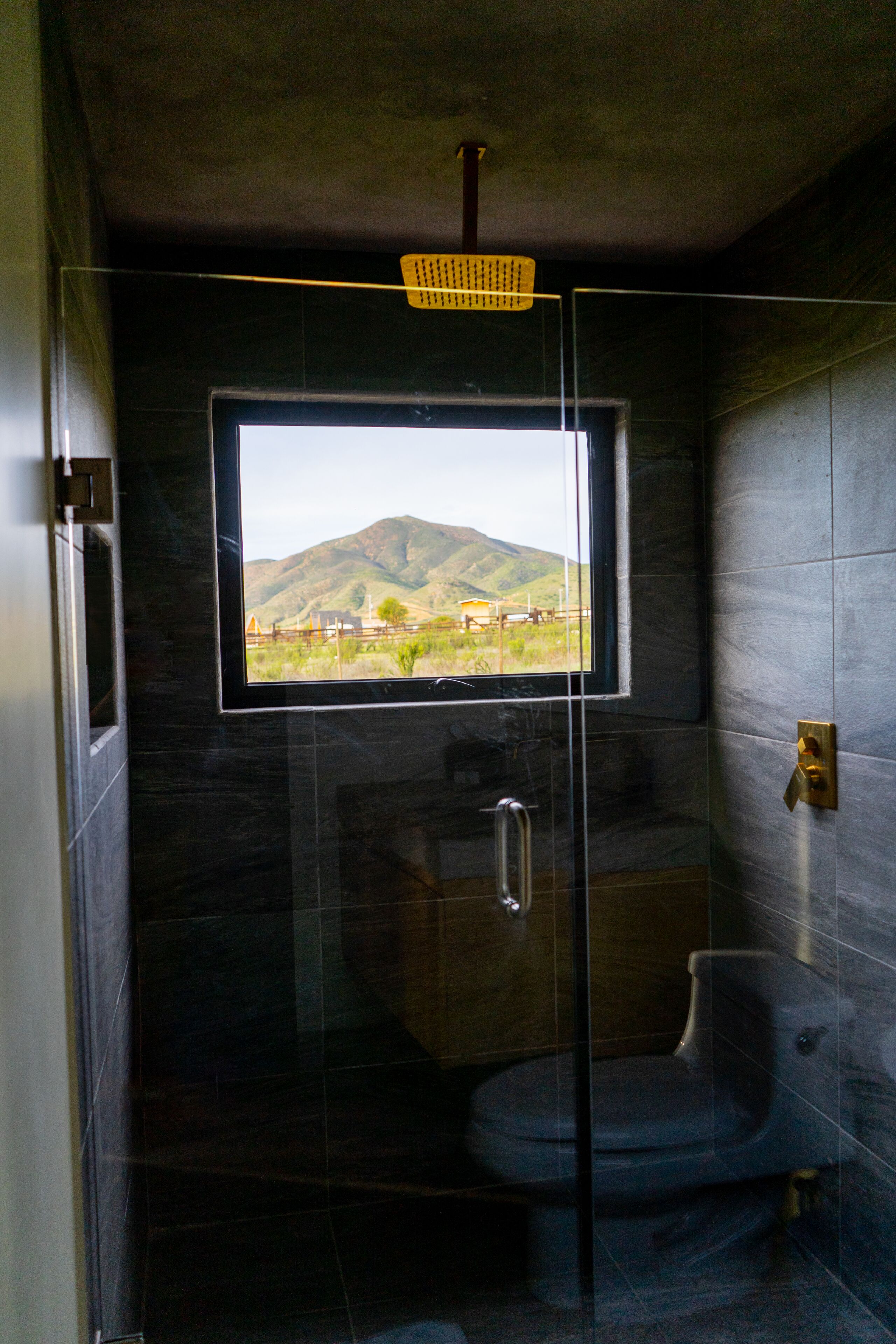 Shower, rainfall showerhead, towels, soap