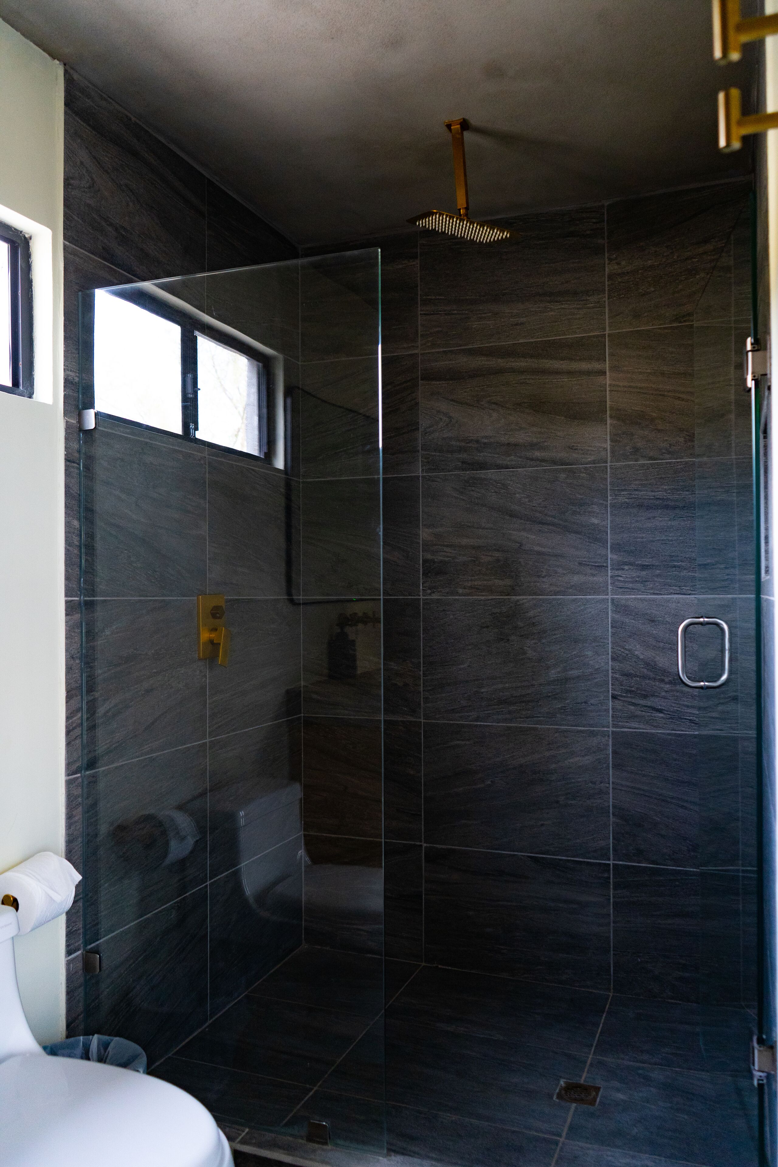 A modern bathroom with dark tiles, a glass shower enclosure, and a white toilet.