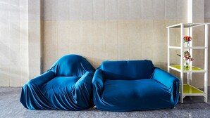 Une pièce avec deux canapés bleus, une étagère blanche ornée de fleurs et un mur à motifs.