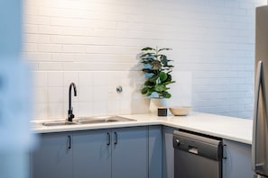 Una cocina con baldosas blancas tipo metro, un grifo negro, un lavavajillas y una planta en maceta.