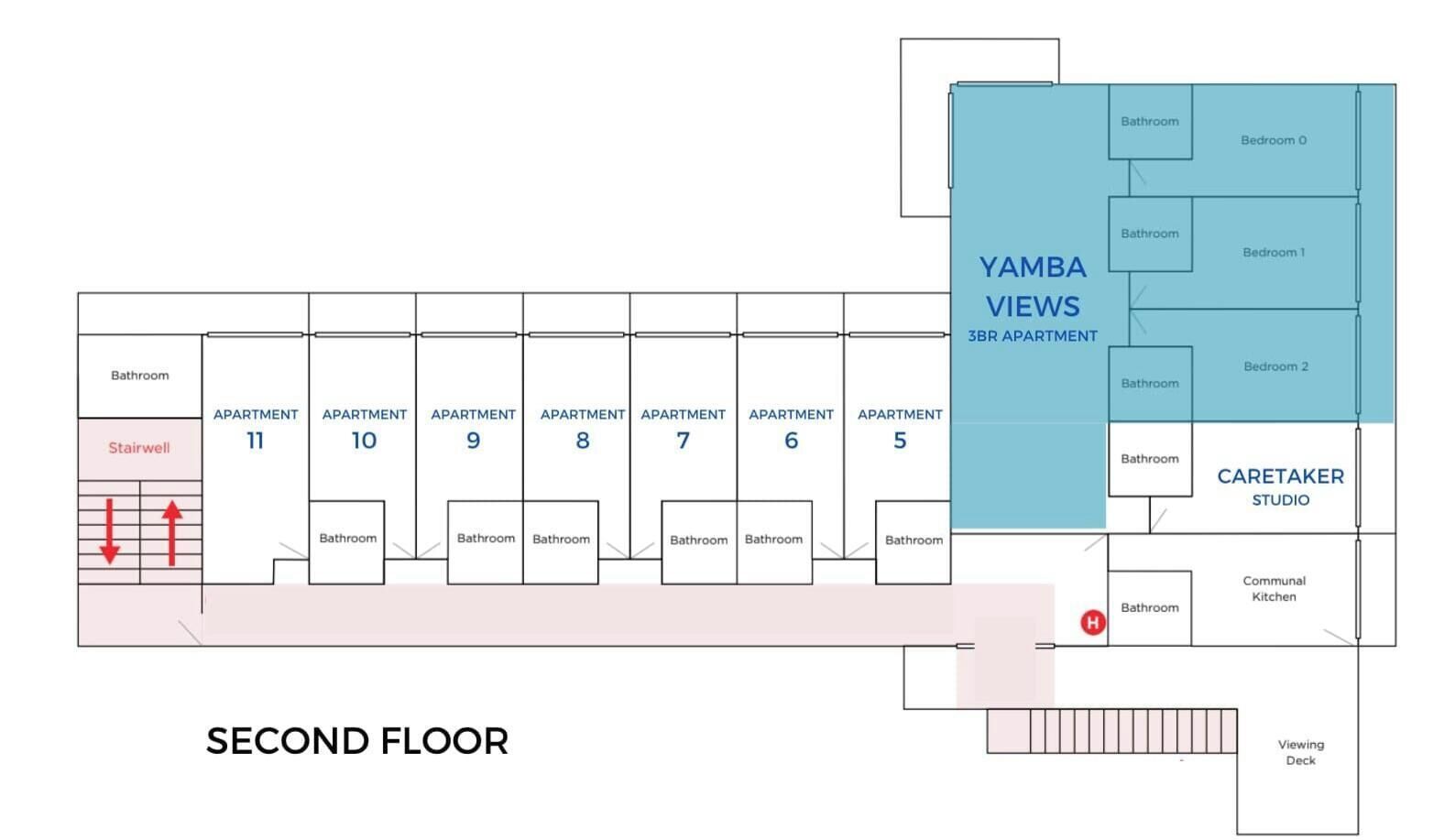 Un appartement de 3 chambres avec un plan d’aménagement comprenant un escalier, une cuisine commune et une terrasse panoramique.