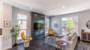 Télévision, cheminée, chaîne hi-fi, espaces bureaux