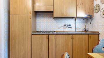 Frigorífico, microondas, placa de cocina y utensilios de cocina