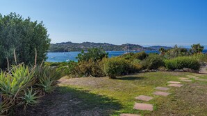 A coastal landscape with a clear view of the sea, a pathway, and various plants.