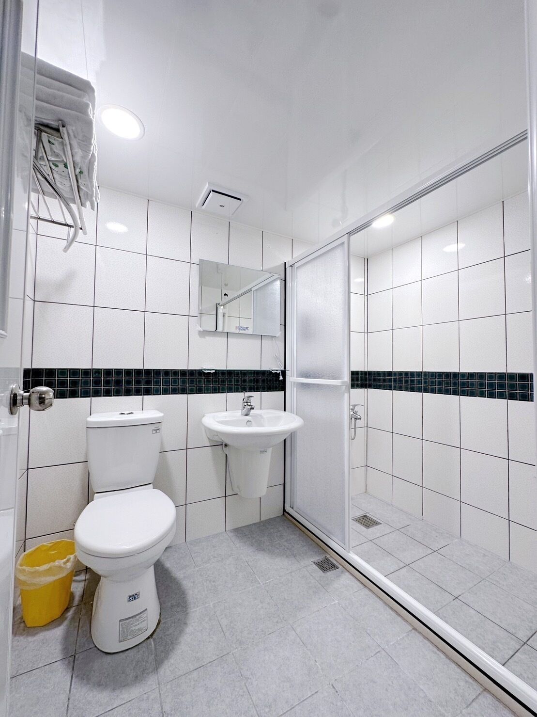Un baño moderno con inodoro, lavamanos y ducha.
