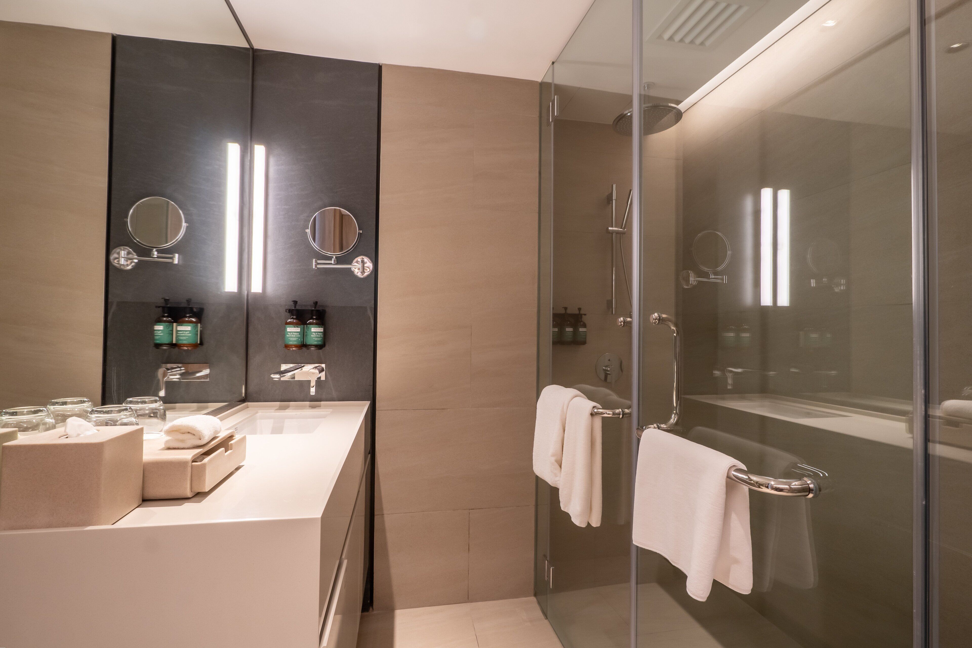 A modern bathroom with a glass-enclosed shower, a vanity with a large mirror, and neatly arranged toiletries.