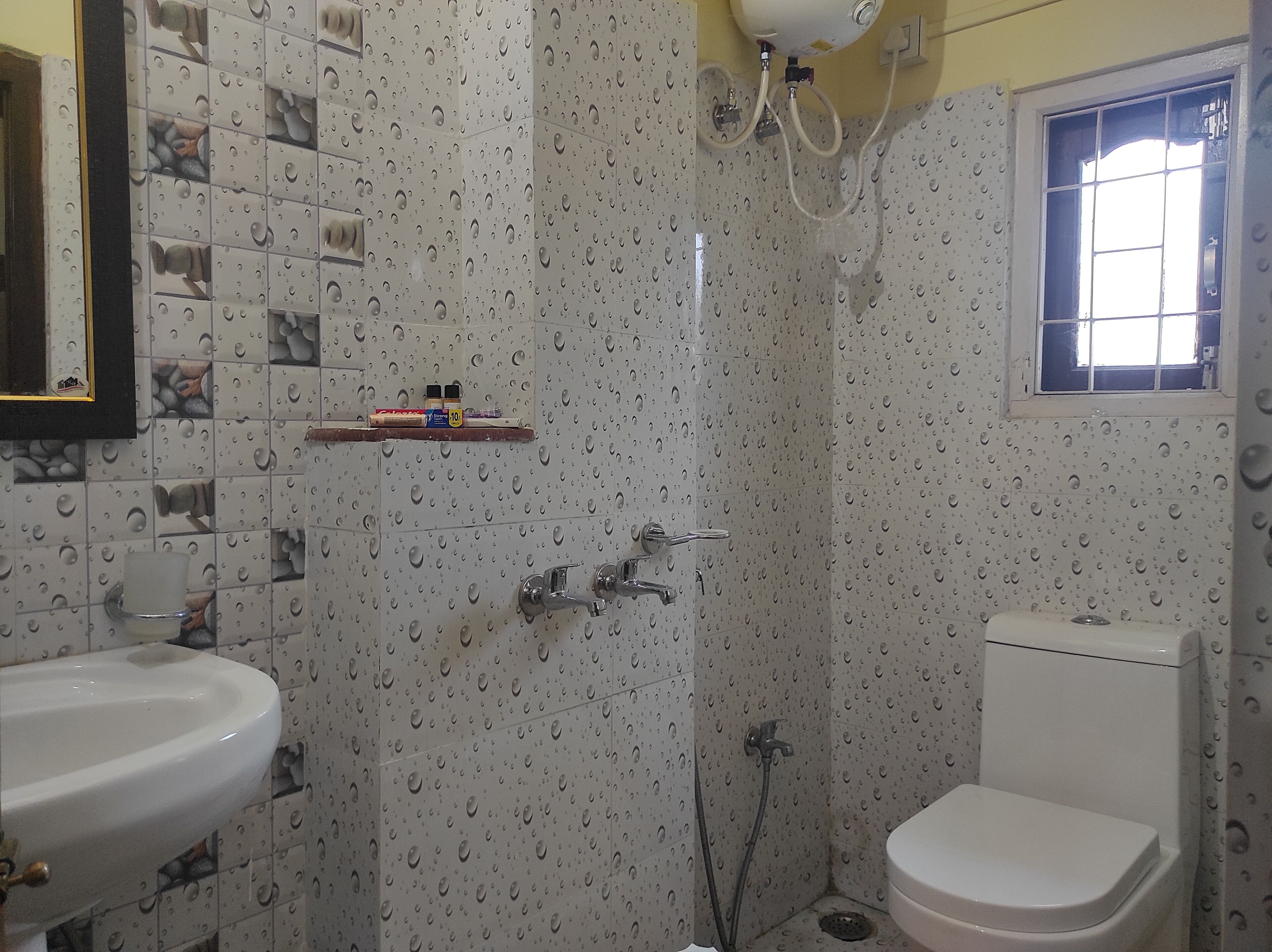 A bathroom with a shower, sink, toilet, and a window with a view.